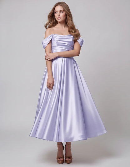 Satin Off Shoulder A-Line Midi Dress with Short Sleeves for Party, Cocktail, Evening, Wedding Guest, Summer Events and Formal | SKU: VM-582947163829405-LAVENDER-L,VM-582947163829405-LAVENDER-M,VM-582947163829405-LAVENDER-S,VM-582947163829405-LAVENDER-XL,VM-582947163829405-LAVENDER-XS