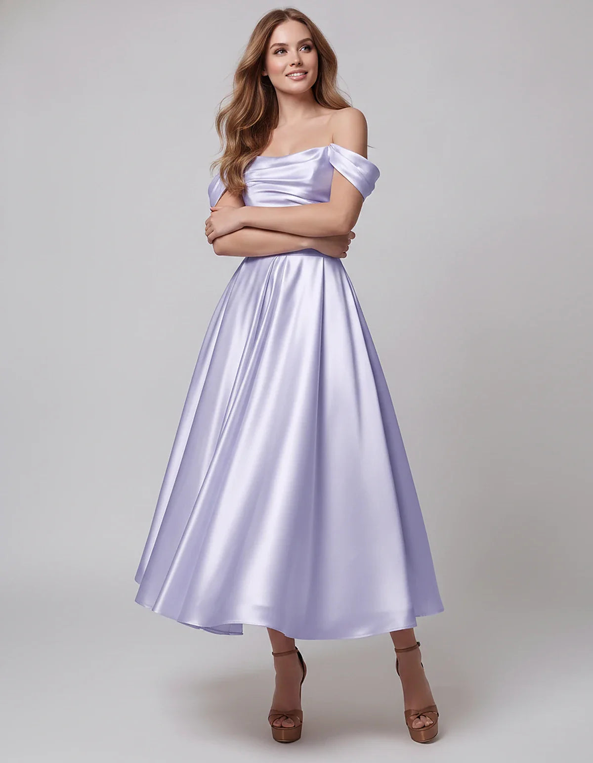Satin Off Shoulder A-Line Midi Dress with Short Sleeves for Party, Cocktail, Evening, Wedding Guest, Summer Events and Formal | SKU: VM-582947163829405-LAVENDER-L,VM-582947163829405-LAVENDER-M,VM-582947163829405-LAVENDER-S,VM-582947163829405-LAVENDER-XL,VM-582947163829405-LAVENDER-XS
