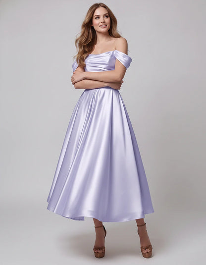 Satin Off Shoulder A-Line Midi Dress with Short Sleeves for Party, Cocktail, Evening, Wedding Guest, Summer Events and Formal | SKU: VM-582947163829405-LAVENDER-L,VM-582947163829405-LAVENDER-M,VM-582947163829405-LAVENDER-S,VM-582947163829405-LAVENDER-XL,VM-582947163829405-LAVENDER-XS