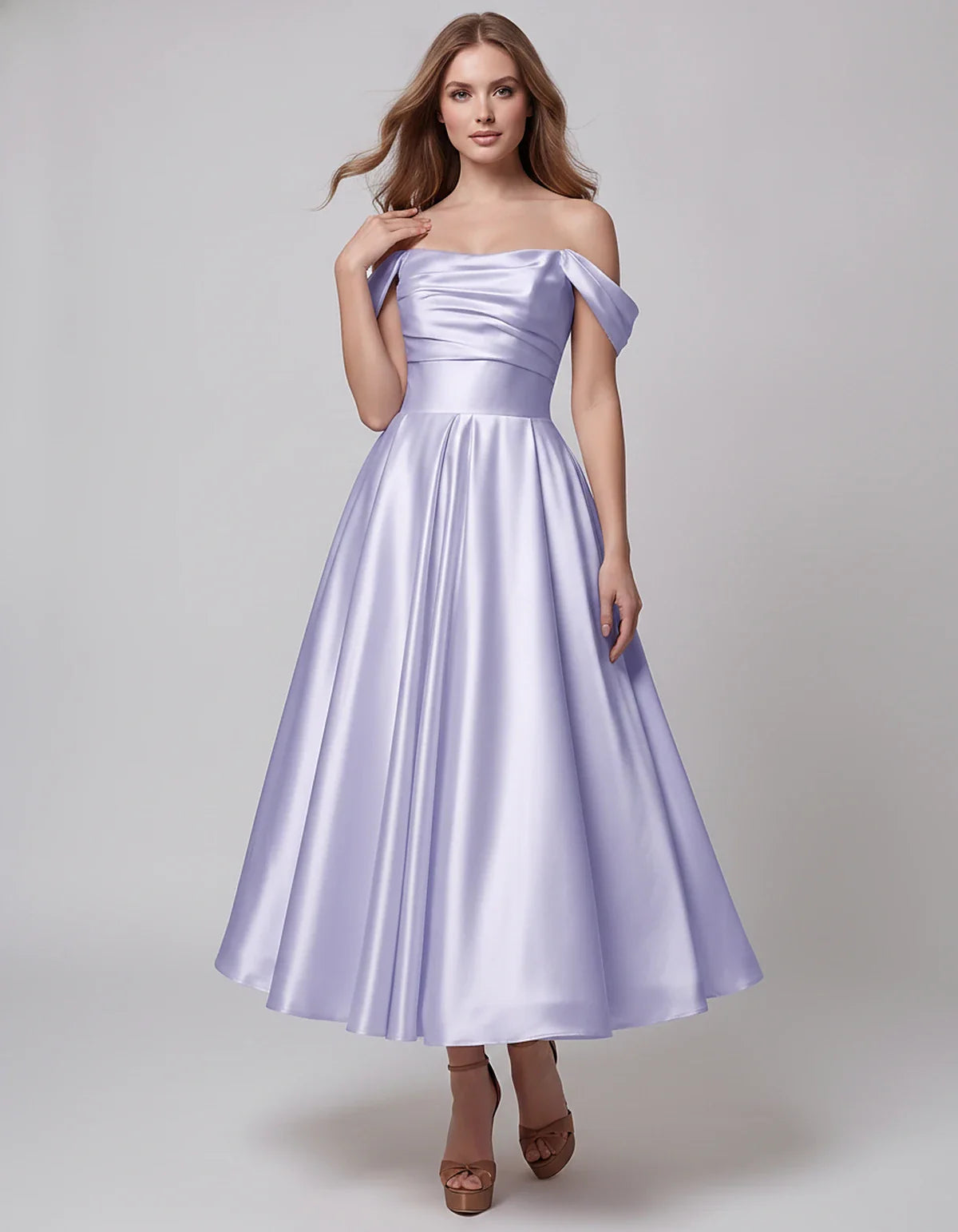 Satin Off Shoulder A-Line Midi Dress with Short Sleeves for Party, Cocktail, Evening, Wedding Guest, Summer Events and Formal | SKU: VM-582947163829405-LAVENDER-L,VM-582947163829405-LAVENDER-M,VM-582947163829405-LAVENDER-S,VM-582947163829405-LAVENDER-XL,VM-582947163829405-LAVENDER-XS