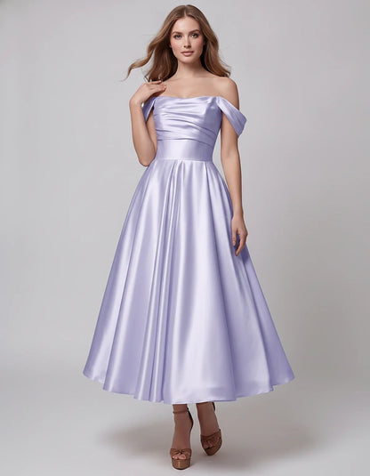 Satin Off Shoulder A-Line Midi Dress with Short Sleeves for Party, Cocktail, Evening, Wedding Guest, Summer Events and Formal | SKU: VM-582947163829405-LAVENDER-L,VM-582947163829405-LAVENDER-M,VM-582947163829405-LAVENDER-S,VM-582947163829405-LAVENDER-XL,VM-582947163829405-LAVENDER-XS