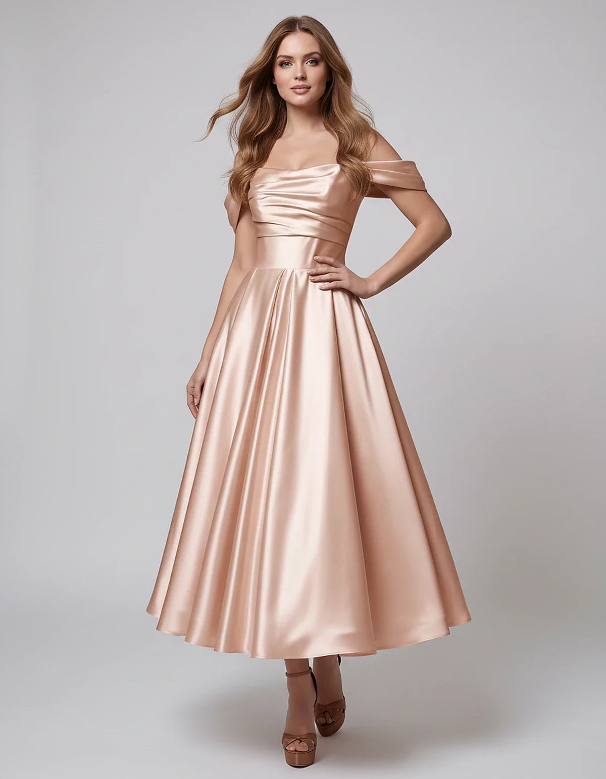 Satin Off Shoulder A-Line Midi Dress with Short Sleeves for Party, Cocktail, Evening, Wedding Guest, Summer Events and Formal | SKU: VM-582947163829405-BLUSH-L,VM-582947163829405-BLUSH-M,VM-582947163829405-BLUSH-S,VM-582947163829405-BLUSH-XL,VM-582947163829405-BLUSH-XS