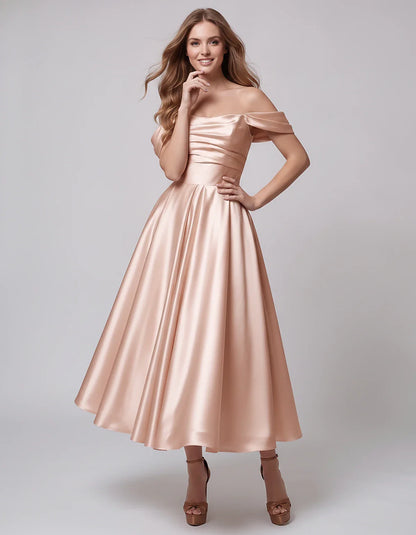 Satin Off Shoulder A-Line Midi Dress with Short Sleeves for Party, Cocktail, Evening, Wedding Guest, Summer Events and Formal | SKU: VM-582947163829405-BLUSH-L,VM-582947163829405-BLUSH-M,VM-582947163829405-BLUSH-S,VM-582947163829405-BLUSH-XL,VM-582947163829405-BLUSH-XS