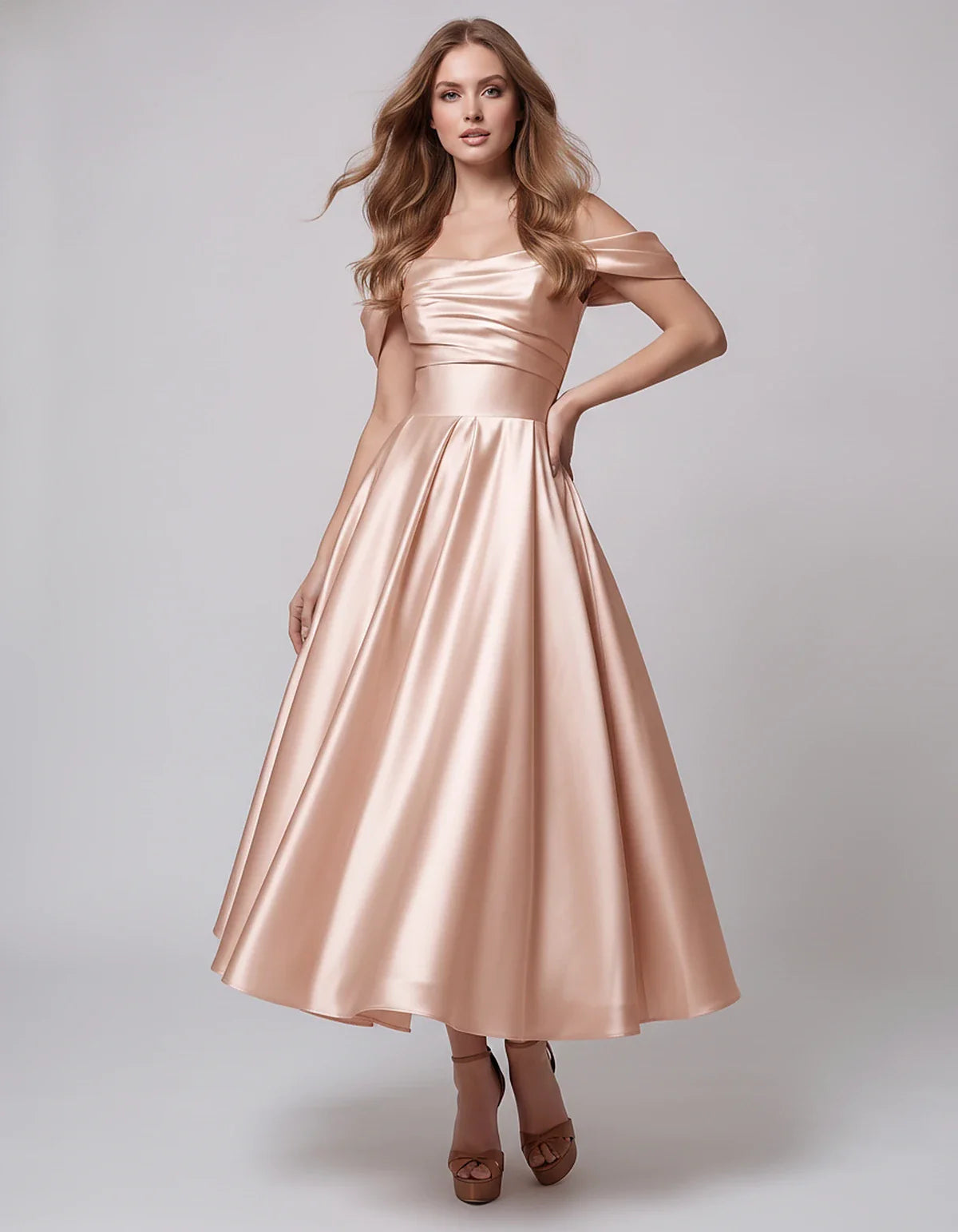 Satin Off Shoulder A-Line Midi Dress with Short Sleeves for Party, Cocktail, Evening, Wedding Guest, Summer Events and Formal | SKU: VM-582947163829405-BLUSH-L,VM-582947163829405-BLUSH-M,VM-582947163829405-BLUSH-S,VM-582947163829405-BLUSH-XL,VM-582947163829405-BLUSH-XS