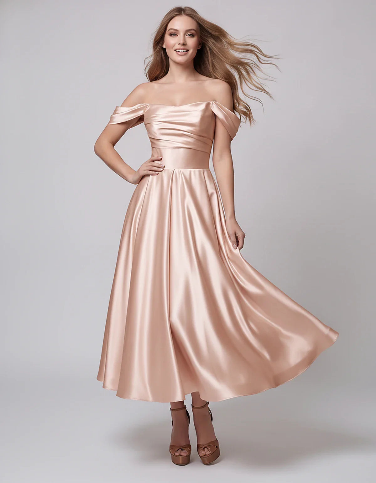 Satin Off Shoulder A-Line Midi Dress with Short Sleeves for Party, Cocktail, Evening, Wedding Guest, Summer Events and Formal | SKU: VM-582947163829405-BLUSH-L,VM-582947163829405-BLUSH-M,VM-582947163829405-BLUSH-S,VM-582947163829405-BLUSH-XL,VM-582947163829405-BLUSH-XS