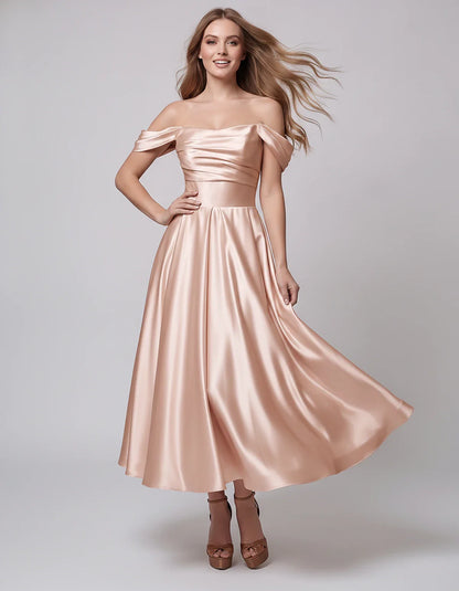 Satin Off Shoulder A-Line Midi Dress with Short Sleeves for Party, Cocktail, Evening, Wedding Guest, Summer Events and Formal | SKU: VM-582947163829405-BLUSH-L,VM-582947163829405-BLUSH-M,VM-582947163829405-BLUSH-S,VM-582947163829405-BLUSH-XL,VM-582947163829405-BLUSH-XS