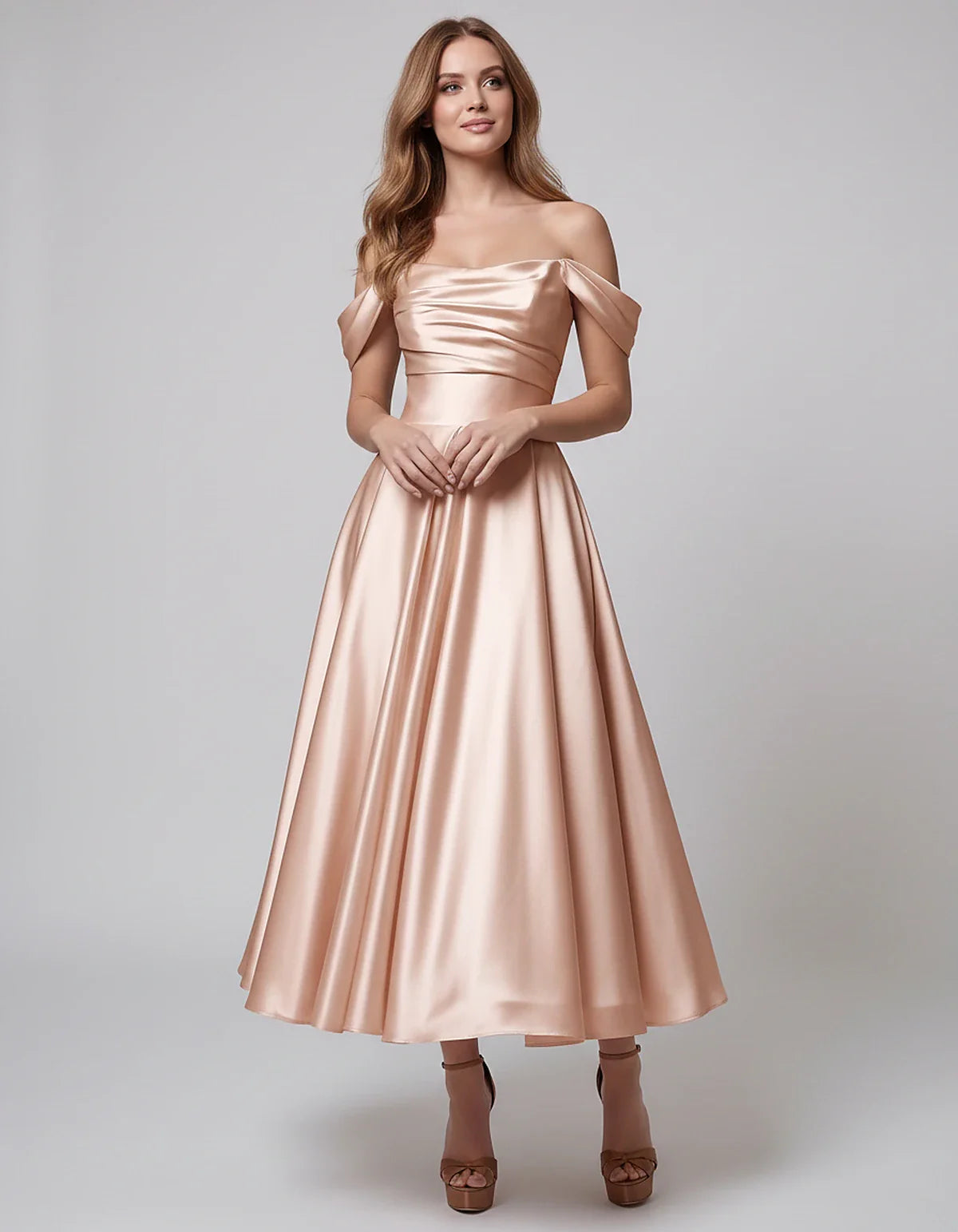 Satin Off Shoulder A-Line Midi Dress with Short Sleeves for Party, Cocktail, Evening, Wedding Guest, Summer Events and Formal | SKU: VM-582947163829405-BLUSH-L,VM-582947163829405-BLUSH-M,VM-582947163829405-BLUSH-S,VM-582947163829405-BLUSH-XL,VM-582947163829405-BLUSH-XS