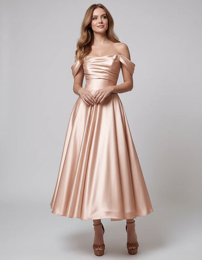 Satin Off Shoulder A-Line Midi Dress with Short Sleeves for Party, Cocktail, Evening, Wedding Guest, Summer Events and Formal | SKU: VM-582947163829405-BLUSH-L,VM-582947163829405-BLUSH-M,VM-582947163829405-BLUSH-S,VM-582947163829405-BLUSH-XL,VM-582947163829405-BLUSH-XS