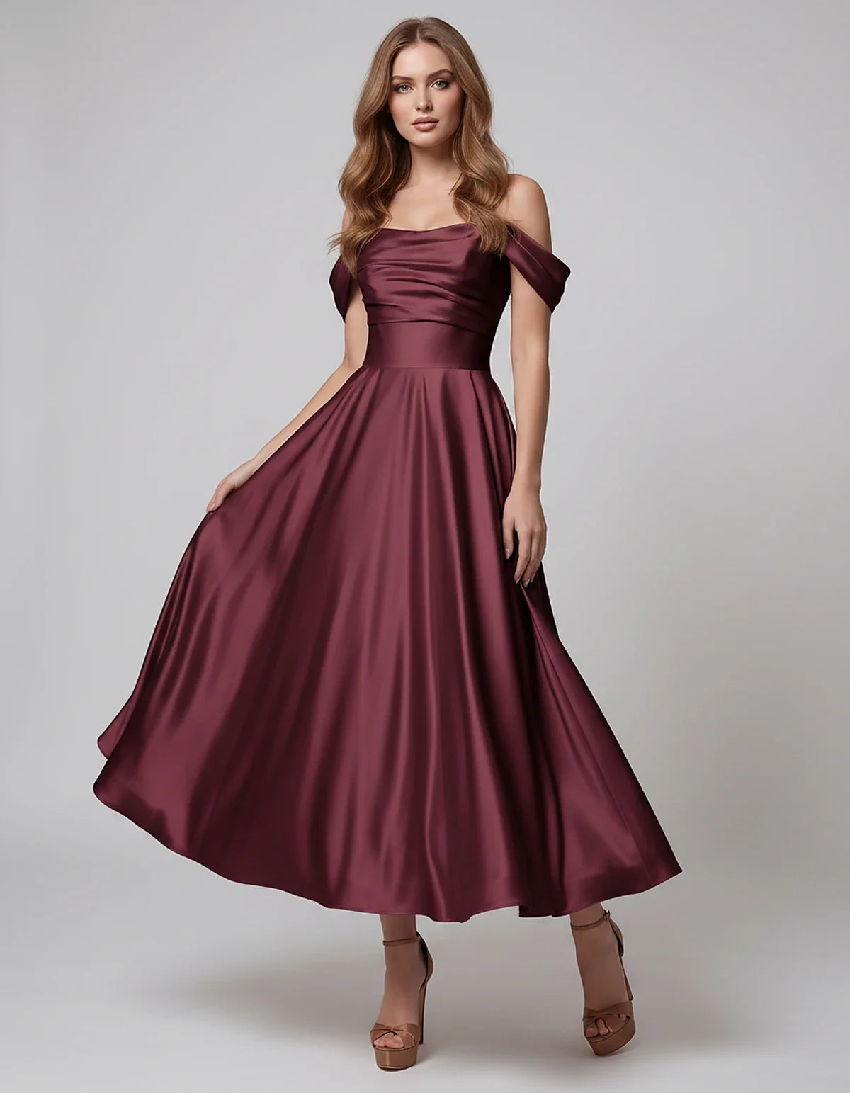 Satin Off Shoulder A-Line Midi Dress with Short Sleeves for Party, Cocktail, Evening, Wedding Guest, Summer Events and Formal | SKU: VM-582947163829405-BURGUNDY-L,VM-582947163829405-BURGUNDY-M,VM-582947163829405-BURGUNDY-S,VM-582947163829405-BURGUNDY-XL,VM-582947163829405-BURGUNDY-XS