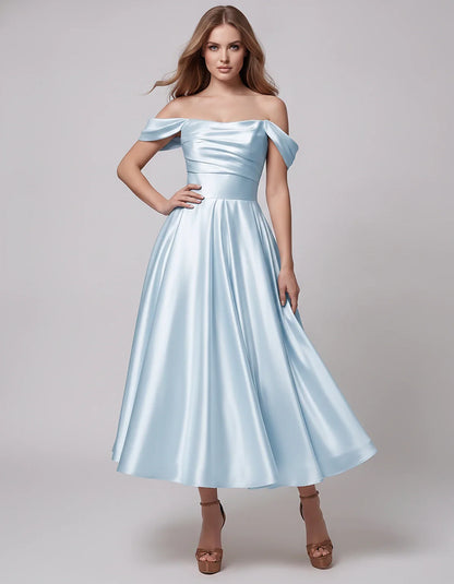 Satin Off Shoulder A-Line Midi Dress with Short Sleeves for Party, Cocktail, Evening, Wedding Guest, Summer Events and Formal | SKU: VM-582947163829405-LIGHTBLUE-L,VM-582947163829405-LIGHTBLUE-M,VM-582947163829405-LIGHTBLUE-S,VM-582947163829405-LIGHTBLUE-XL,VM-582947163829405-LIGHTBLUE-XS