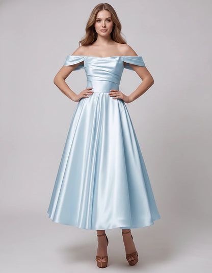 Satin Off Shoulder A-Line Midi Dress with Short Sleeves for Party, Cocktail, Evening, Wedding Guest, Summer Events and Formal | SKU: VM-582947163829405-LIGHTBLUE-L,VM-582947163829405-LIGHTBLUE-M,VM-582947163829405-LIGHTBLUE-S,VM-582947163829405-LIGHTBLUE-XL,VM-582947163829405-LIGHTBLUE-XS