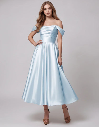 Satin Off Shoulder A-Line Midi Dress with Short Sleeves for Party, Cocktail, Evening, Wedding Guest, Summer Events and Formal | SKU: VM-582947163829405-LIGHTBLUE-L,VM-582947163829405-LIGHTBLUE-M,VM-582947163829405-LIGHTBLUE-S,VM-582947163829405-LIGHTBLUE-XL,VM-582947163829405-LIGHTBLUE-XS