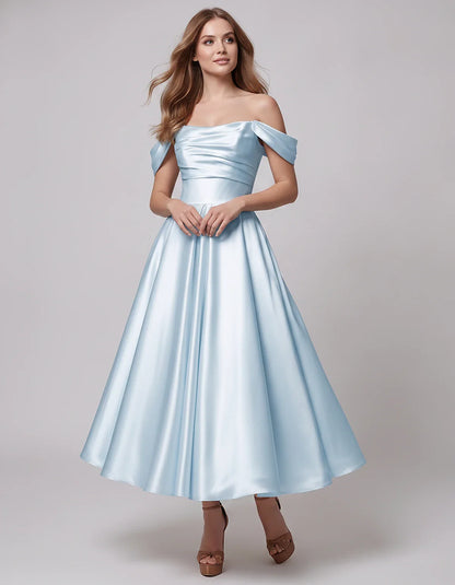 Satin Off Shoulder A-Line Midi Dress with Short Sleeves for Party, Cocktail, Evening, Wedding Guest, Summer Events and Formal | SKU: VM-582947163829405-LIGHTBLUE-L,VM-582947163829405-LIGHTBLUE-M,VM-582947163829405-LIGHTBLUE-S,VM-582947163829405-LIGHTBLUE-XL,VM-582947163829405-LIGHTBLUE-XS