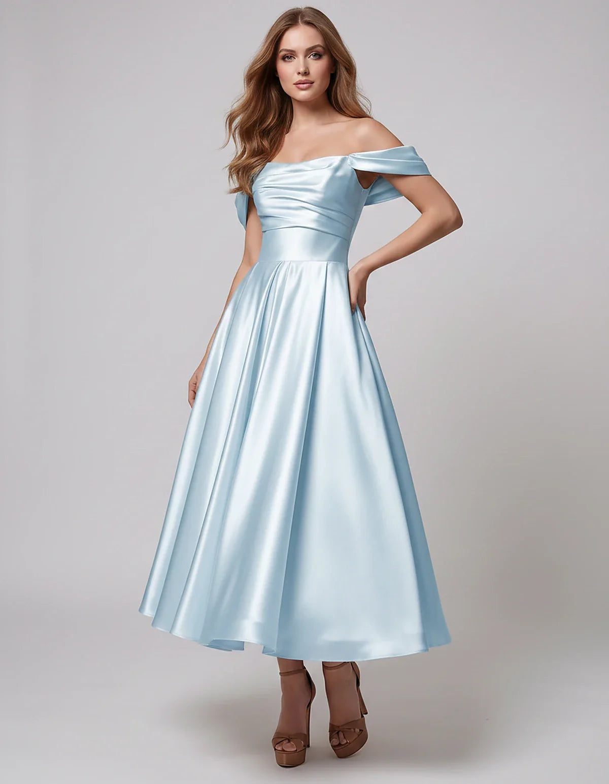 Satin Off Shoulder A-Line Midi Dress with Short Sleeves for Party, Cocktail, Evening, Wedding Guest, Summer Events and Formal | SKU: VM-582947163829405-LIGHTBLUE-L,VM-582947163829405-LIGHTBLUE-M,VM-582947163829405-LIGHTBLUE-S,VM-582947163829405-LIGHTBLUE-XL,VM-582947163829405-LIGHTBLUE-XS