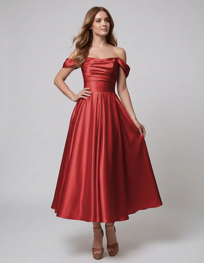 Satin Off Shoulder A-Line Midi Dress with Short Sleeves for Party, Cocktail, Evening, Wedding Guest, Summer Events and Formal | SKU: VM-582947163829405-RED-L,VM-582947163829405-RED-M,VM-582947163829405-RED-S,VM-582947163829405-RED-XL,VM-582947163829405-RED-XS