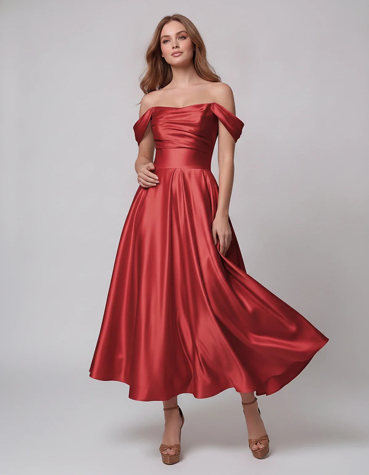 Satin Off Shoulder A-Line Midi Dress with Short Sleeves for Party, Cocktail, Evening, Wedding Guest, Summer Events and Formal | SKU: VM-582947163829405-RED-L,VM-582947163829405-RED-M,VM-582947163829405-RED-S,VM-582947163829405-RED-XL,VM-582947163829405-RED-XS