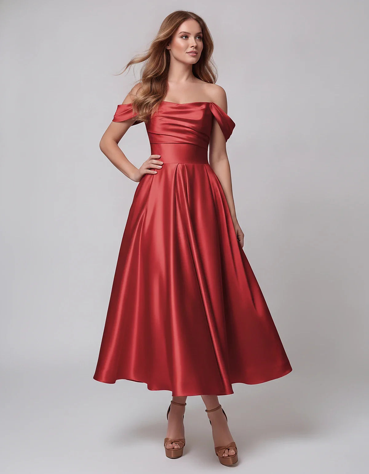 Satin Off Shoulder A-Line Midi Dress with Short Sleeves for Party, Cocktail, Evening, Wedding Guest, Summer Events and Formal | SKU: VM-582947163829405-RED-L,VM-582947163829405-RED-M,VM-582947163829405-RED-S,VM-582947163829405-RED-XL,VM-582947163829405-RED-XS