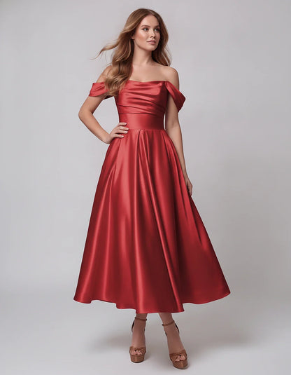 Satin Off Shoulder A-Line Midi Dress with Short Sleeves for Party, Cocktail, Evening, Wedding Guest, Summer Events and Formal | SKU: VM-582947163829405-RED-L,VM-582947163829405-RED-M,VM-582947163829405-RED-S,VM-582947163829405-RED-XL,VM-582947163829405-RED-XS