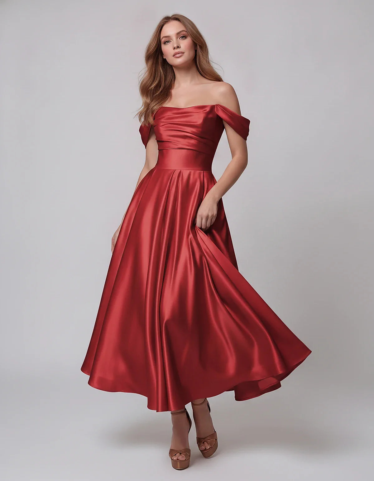 Satin Off Shoulder A-Line Midi Dress with Short Sleeves for Party, Cocktail, Evening, Wedding Guest, Summer Events and Formal | SKU: VM-582947163829405-RED-L,VM-582947163829405-RED-M,VM-582947163829405-RED-S,VM-582947163829405-RED-XL,VM-582947163829405-RED-XS