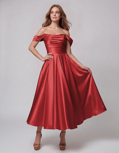 Satin Off Shoulder A-Line Midi Dress with Short Sleeves for Party, Cocktail, Evening, Wedding Guest, Summer Events and Formal | SKU: VM-582947163829405-RED-L,VM-582947163829405-RED-M,VM-582947163829405-RED-S,VM-582947163829405-RED-XL,VM-582947163829405-RED-XS