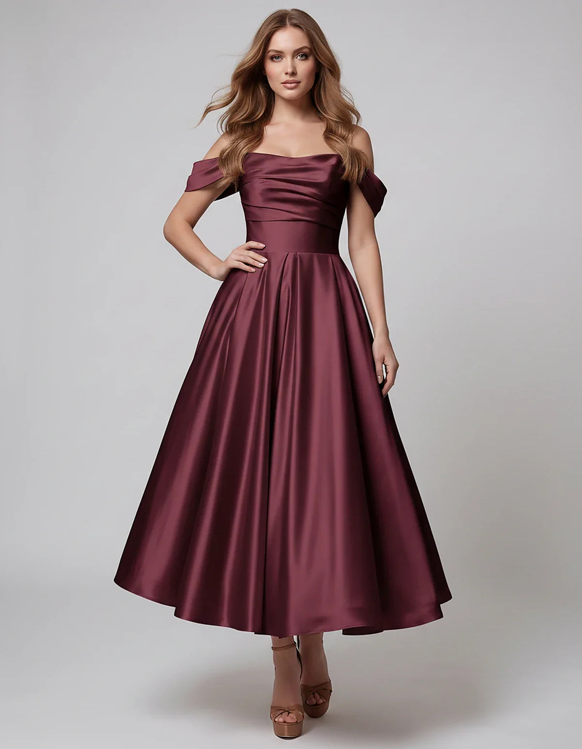 Satin Off Shoulder A-Line Midi Dress with Short Sleeves for Party, Cocktail, Evening, Wedding Guest, Summer Events and Formal | SKU: VM-582947163829405-BURGUNDY-L,VM-582947163829405-BURGUNDY-M,VM-582947163829405-BURGUNDY-S,VM-582947163829405-BURGUNDY-XL,VM-582947163829405-BURGUNDY-XS