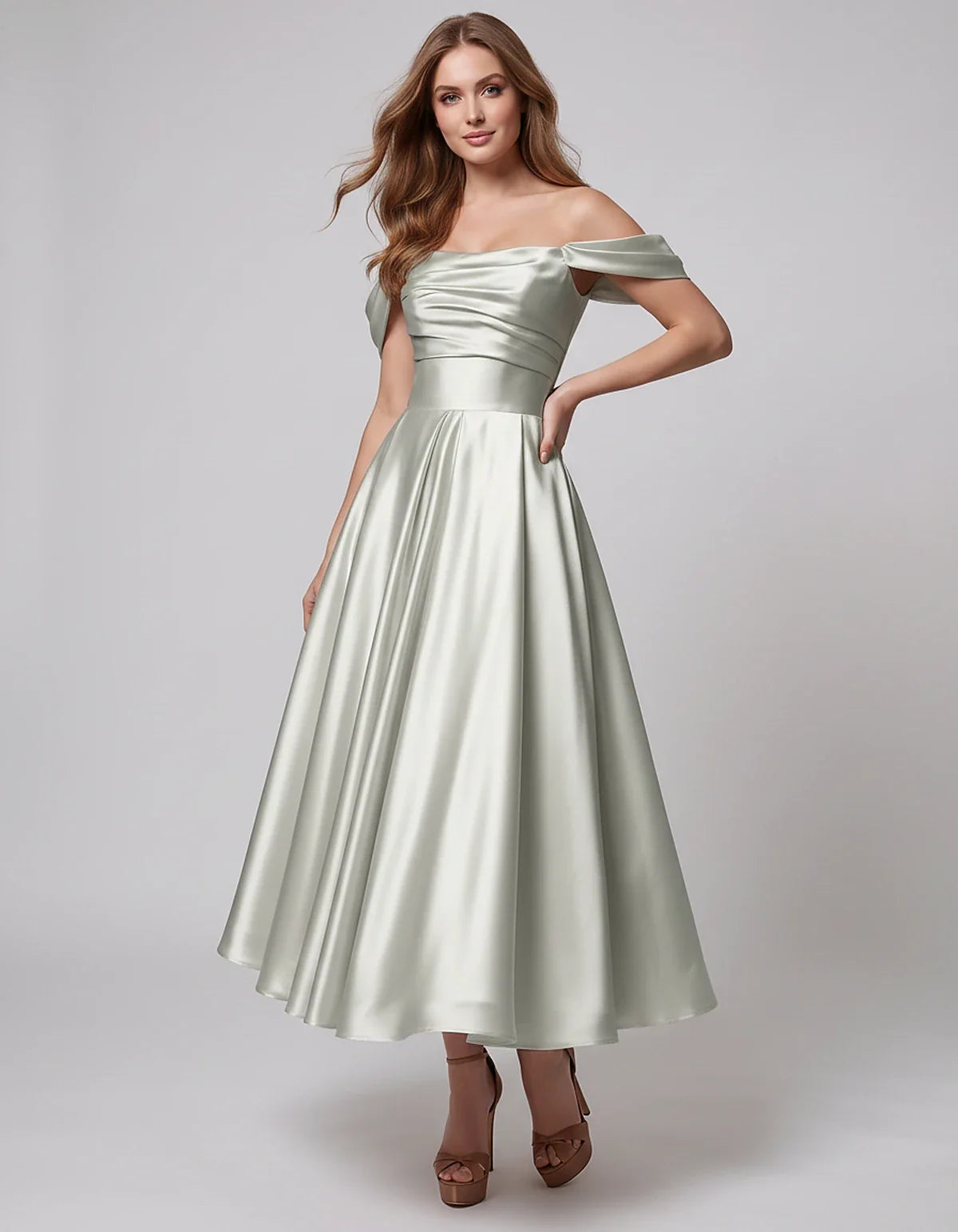 Satin Off Shoulder A-Line Midi Dress with Short Sleeves for Party, Cocktail, Evening, Wedding Guest, Summer Events and Formal | SKU: VM-582947163829405-SILVER-L,VM-582947163829405-SILVER-M,VM-582947163829405-SILVER-S,VM-582947163829405-SILVER-XL,VM-582947163829405-SILVER-XS