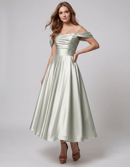 Satin Off Shoulder A-Line Midi Dress with Short Sleeves for Party, Cocktail, Evening, Wedding Guest, Summer Events and Formal | SKU: VM-582947163829405-SILVER-L,VM-582947163829405-SILVER-M,VM-582947163829405-SILVER-S,VM-582947163829405-SILVER-XL,VM-582947163829405-SILVER-XS