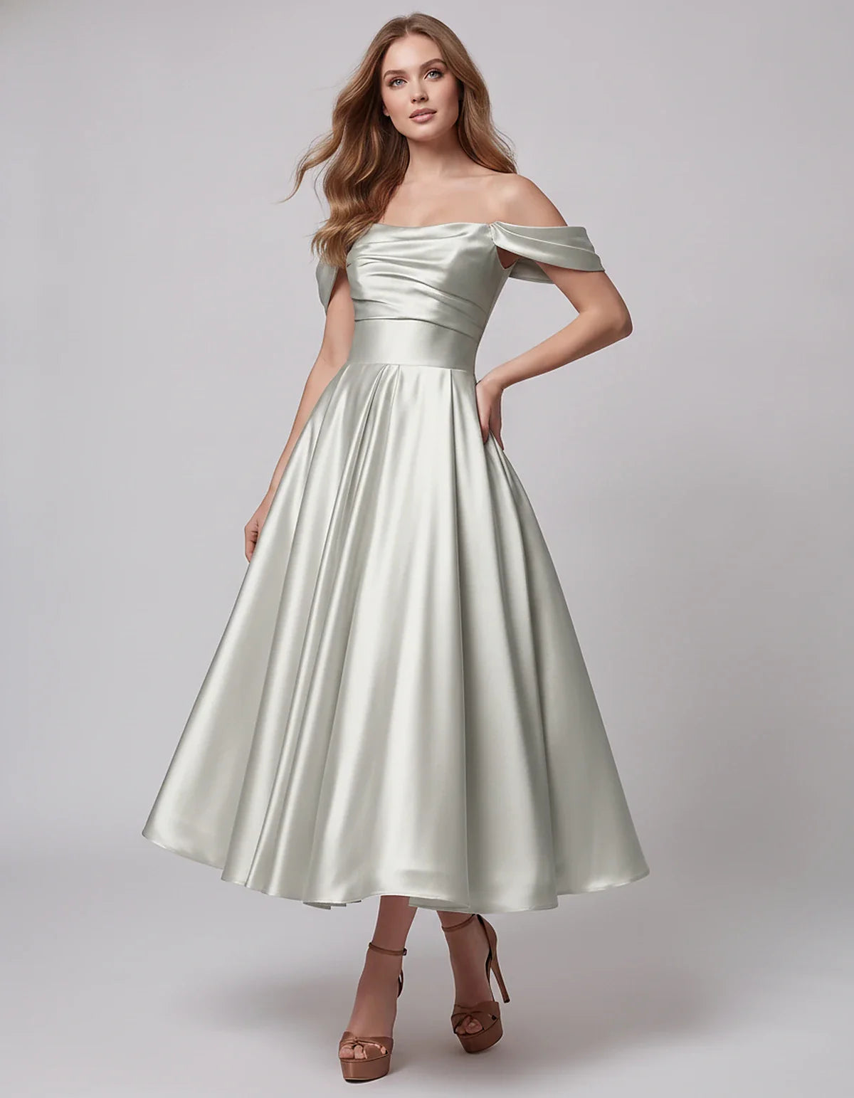 Satin Off Shoulder A-Line Midi Dress with Short Sleeves for Party, Cocktail, Evening, Wedding Guest, Summer Events and Formal | SKU: VM-582947163829405-SILVER-L,VM-582947163829405-SILVER-M,VM-582947163829405-SILVER-S,VM-582947163829405-SILVER-XL,VM-582947163829405-SILVER-XS