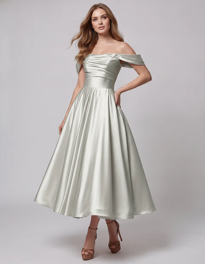 Satin Off Shoulder A-Line Midi Dress with Short Sleeves for Party, Cocktail, Evening, Wedding Guest, Summer Events and Formal | SKU: VM-582947163829405-SILVER-L,VM-582947163829405-SILVER-M,VM-582947163829405-SILVER-S,VM-582947163829405-SILVER-XL,VM-582947163829405-SILVER-XS