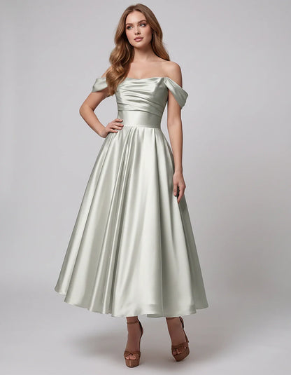 Satin Off Shoulder A-Line Midi Dress with Short Sleeves for Party, Cocktail, Evening, Wedding Guest, Summer Events and Formal | SKU: VM-582947163829405-SILVER-L,VM-582947163829405-SILVER-M,VM-582947163829405-SILVER-S,VM-582947163829405-SILVER-XL,VM-582947163829405-SILVER-XS