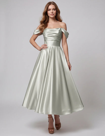 Satin Off Shoulder A-Line Midi Dress with Short Sleeves for Party, Cocktail, Evening, Wedding Guest, Summer Events and Formal | SKU: VM-582947163829405-SILVER-L,VM-582947163829405-SILVER-M,VM-582947163829405-SILVER-S,VM-582947163829405-SILVER-XL,VM-582947163829405-SILVER-XS