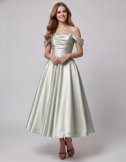 Satin Off Shoulder A-Line Midi Dress with Short Sleeves for Party, Cocktail, Evening, Wedding Guest, Summer Events and Formal | SKU: VM-582947163829405-SILVER-L,VM-582947163829405-SILVER-M,VM-582947163829405-SILVER-S,VM-582947163829405-SILVER-XL,VM-582947163829405-SILVER-XS