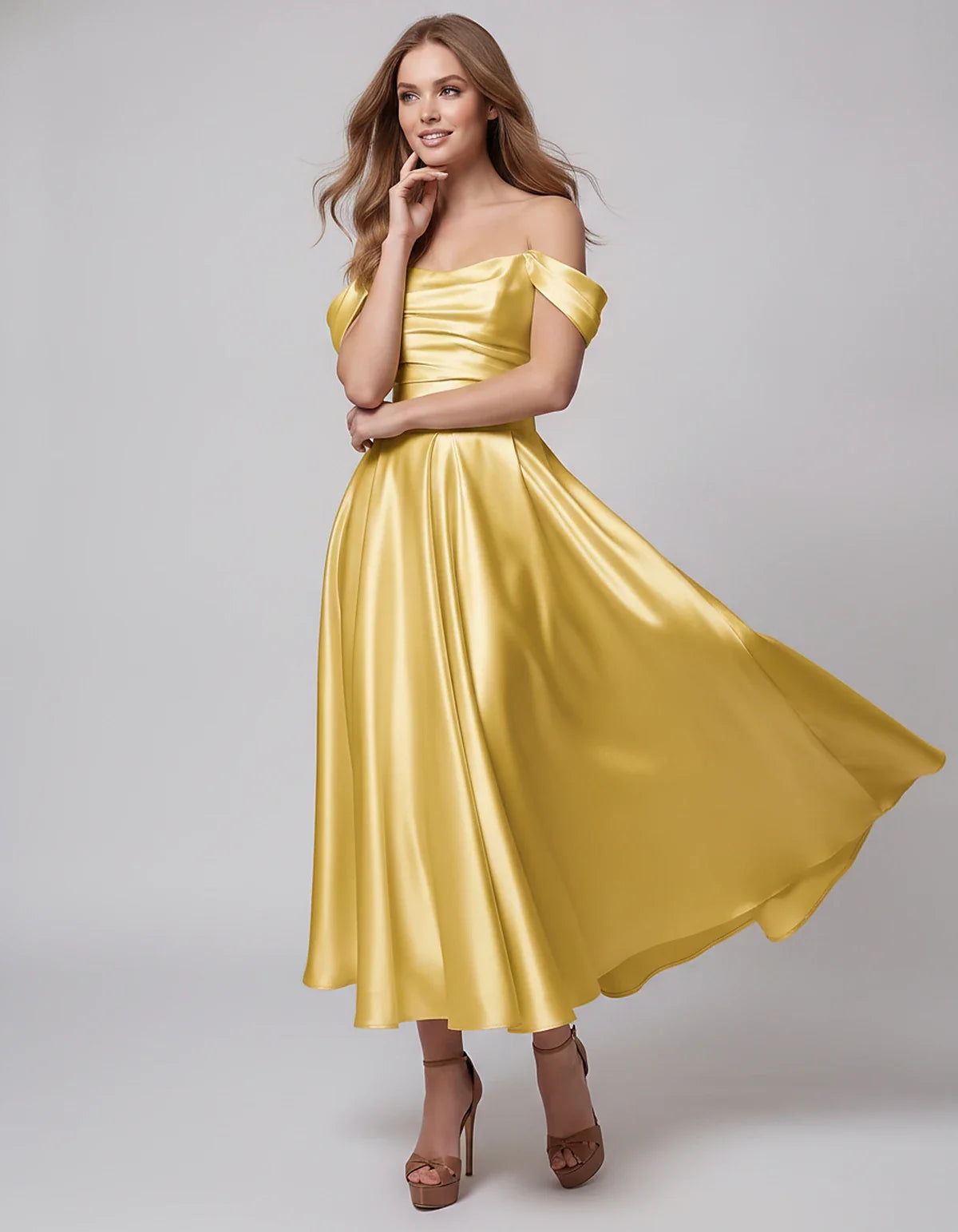 Satin Off Shoulder A-Line Midi Dress with Short Sleeves for Party, Cocktail, Evening, Wedding Guest, Summer Events and Formal | SKU: VM-582947163829405-YELLOW-L,VM-582947163829405-YELLOW-M,VM-582947163829405-YELLOW-S,VM-582947163829405-YELLOW-XL,VM-582947163829405-YELLOW-XS