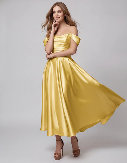 Satin Off Shoulder A-Line Midi Dress with Short Sleeves for Party, Cocktail, Evening, Wedding Guest, Summer Events and Formal | SKU: VM-582947163829405-YELLOW-L,VM-582947163829405-YELLOW-M,VM-582947163829405-YELLOW-S,VM-582947163829405-YELLOW-XL,VM-582947163829405-YELLOW-XS
