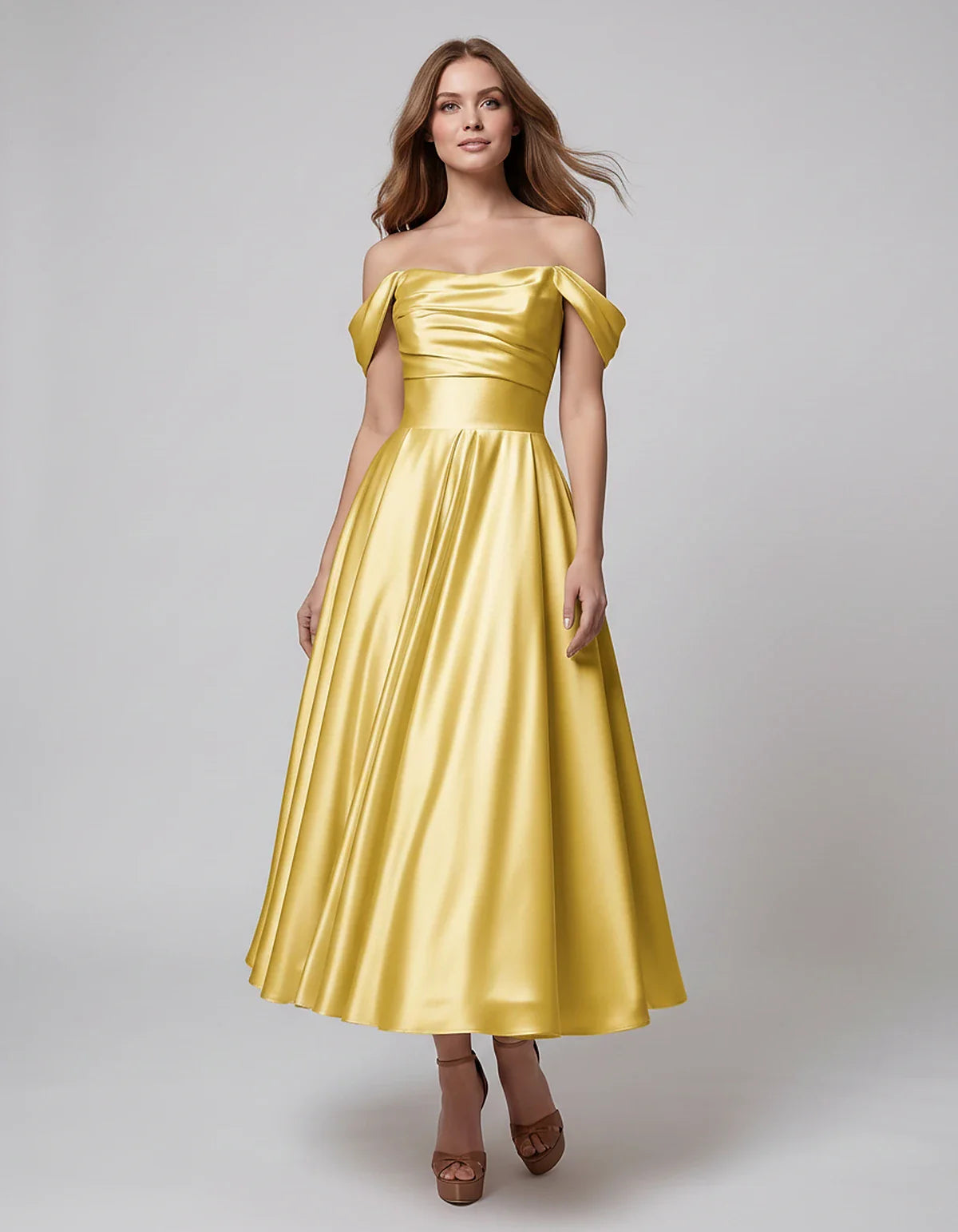 Satin Off Shoulder A-Line Midi Dress with Short Sleeves for Party, Cocktail, Evening, Wedding Guest, Summer Events and Formal | SKU: VM-582947163829405-YELLOW-L,VM-582947163829405-YELLOW-M,VM-582947163829405-YELLOW-S,VM-582947163829405-YELLOW-XL,VM-582947163829405-YELLOW-XS