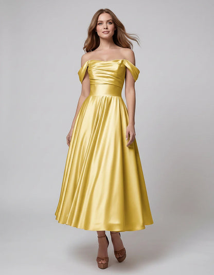 Satin Off Shoulder A-Line Midi Dress with Short Sleeves for Party, Cocktail, Evening, Wedding Guest, Summer Events and Formal | SKU: VM-582947163829405-YELLOW-L,VM-582947163829405-YELLOW-M,VM-582947163829405-YELLOW-S,VM-582947163829405-YELLOW-XL,VM-582947163829405-YELLOW-XS