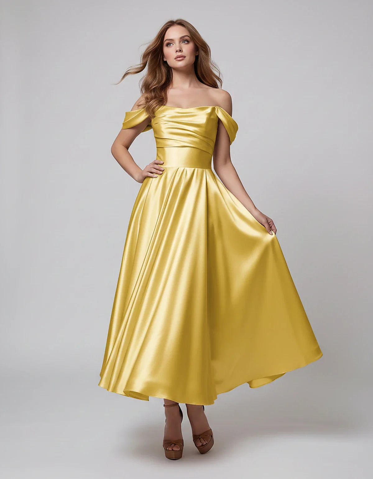 Satin Off Shoulder A-Line Midi Dress with Short Sleeves for Party, Cocktail, Evening, Wedding Guest, Summer Events and Formal | SKU: VM-582947163829405-YELLOW-L,VM-582947163829405-YELLOW-M,VM-582947163829405-YELLOW-S,VM-582947163829405-YELLOW-XL,VM-582947163829405-YELLOW-XS