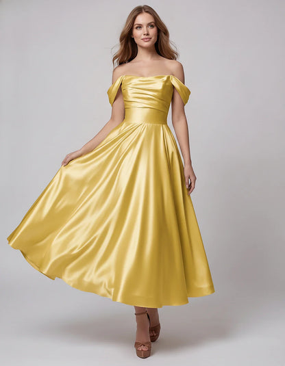 Satin Off Shoulder A-Line Midi Dress with Short Sleeves for Party, Cocktail, Evening, Wedding Guest, Summer Events and Formal | SKU: VM-582947163829405-YELLOW-L,VM-582947163829405-YELLOW-M,VM-582947163829405-YELLOW-S,VM-582947163829405-YELLOW-XL,VM-582947163829405-YELLOW-XS