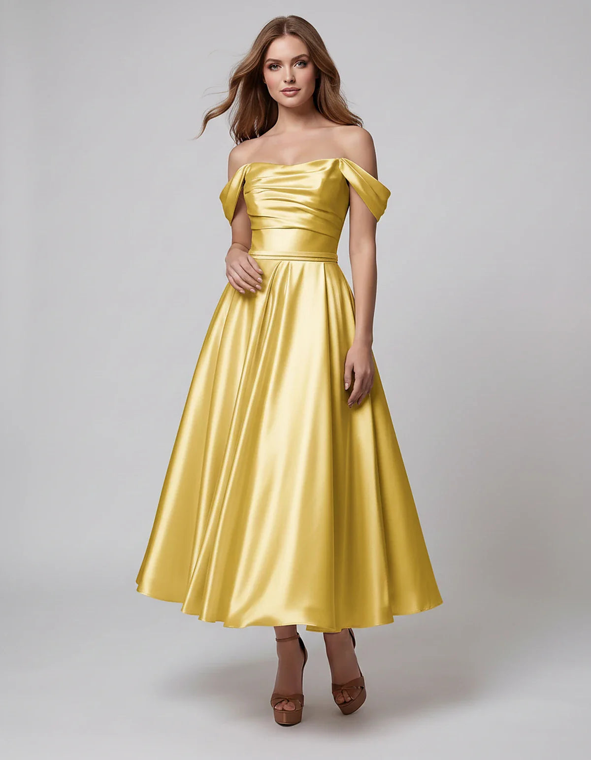 Satin Off Shoulder A-Line Midi Dress with Short Sleeves for Party, Cocktail, Evening, Wedding Guest, Summer Events and Formal | SKU: VM-582947163829405-YELLOW-L,VM-582947163829405-YELLOW-M,VM-582947163829405-YELLOW-S,VM-582947163829405-YELLOW-XL,VM-582947163829405-YELLOW-XS
