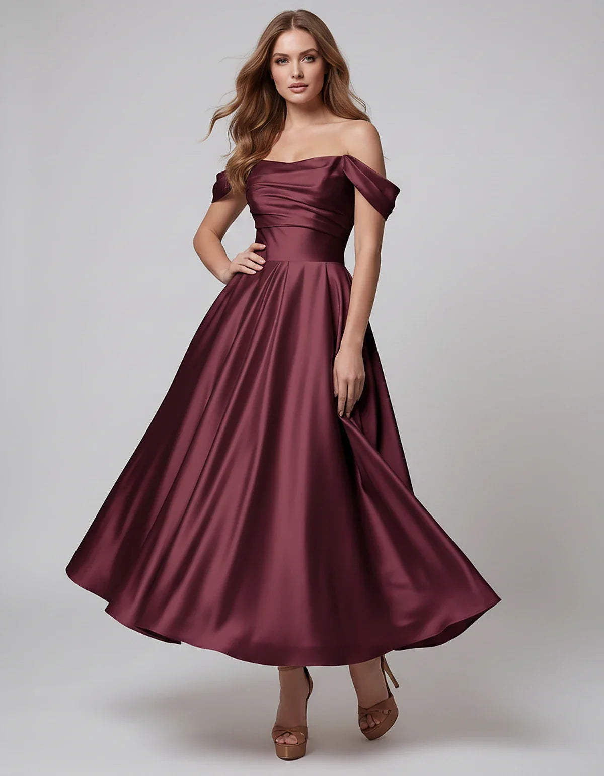 Satin Off Shoulder A-Line Midi Dress with Short Sleeves for Party, Cocktail, Evening, Wedding Guest, Summer Events and Formal | SKU: VM-582947163829405-BURGUNDY-L,VM-582947163829405-BURGUNDY-M,VM-582947163829405-BURGUNDY-S,VM-582947163829405-BURGUNDY-XL,VM-582947163829405-BURGUNDY-XS