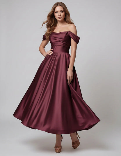 Satin Off Shoulder A-Line Midi Dress with Short Sleeves for Party, Cocktail, Evening, Wedding Guest, Summer Events and Formal | SKU: VM-582947163829405-BURGUNDY-L,VM-582947163829405-BURGUNDY-M,VM-582947163829405-BURGUNDY-S,VM-582947163829405-BURGUNDY-XL,VM-582947163829405-BURGUNDY-XS