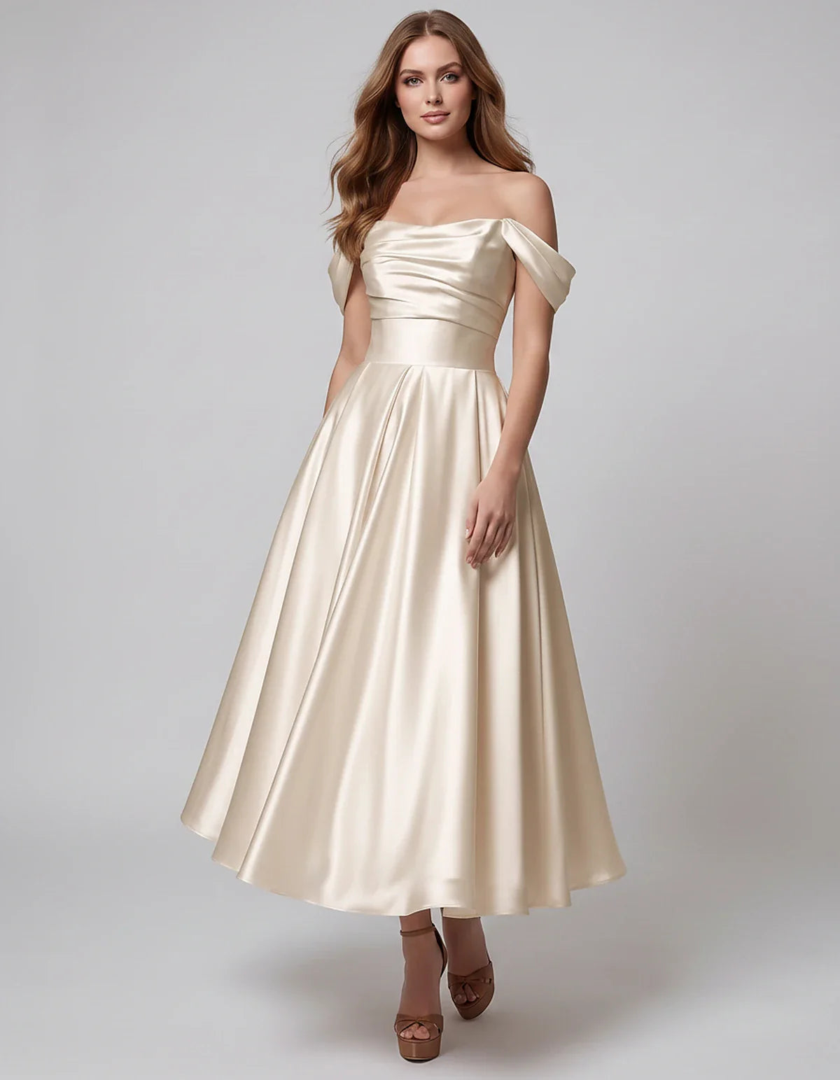 Satin Off Shoulder A-Line Midi Dress with Short Sleeves for Party, Cocktail, Evening, Wedding Guest, Summer Events and Formal | SKU: VM-582947163829405-BEIGE-L,VM-582947163829405-BEIGE-M,VM-582947163829405-BEIGE-S,VM-582947163829405-BEIGE-XL,VM-582947163829405-BEIGE-XS