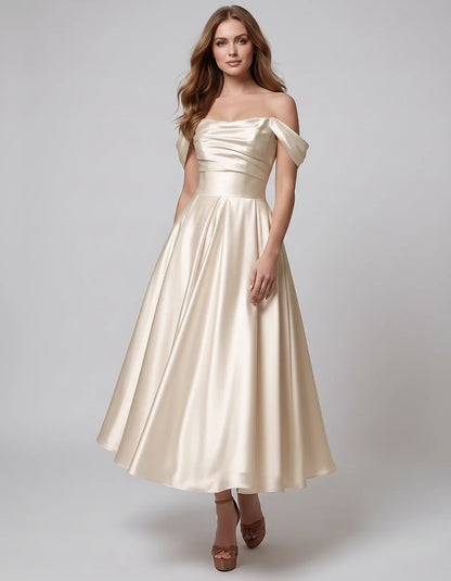 Satin Off Shoulder A-Line Midi Dress with Short Sleeves for Party, Cocktail, Evening, Wedding Guest, Summer Events and Formal | SKU: VM-582947163829405-BEIGE-L,VM-582947163829405-BEIGE-M,VM-582947163829405-BEIGE-S,VM-582947163829405-BEIGE-XL,VM-582947163829405-BEIGE-XS