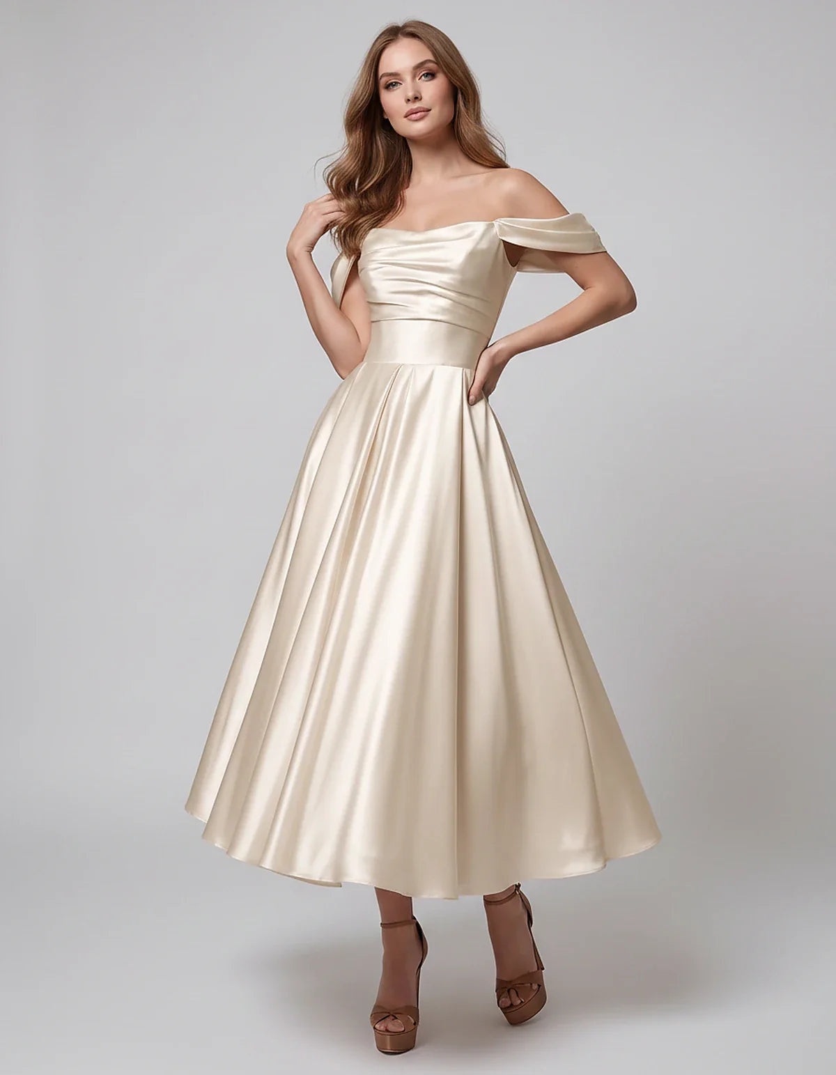 Satin Off Shoulder A-Line Midi Dress with Short Sleeves for Party, Cocktail, Evening, Wedding Guest, Summer Events and Formal | SKU: VM-582947163829405-BEIGE-L,VM-582947163829405-BEIGE-M,VM-582947163829405-BEIGE-S,VM-582947163829405-BEIGE-XL,VM-582947163829405-BEIGE-XS