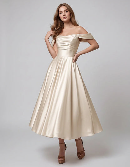 Satin Off Shoulder A-Line Midi Dress with Short Sleeves for Party, Cocktail, Evening, Wedding Guest, Summer Events and Formal | SKU: VM-582947163829405-BEIGE-L,VM-582947163829405-BEIGE-M,VM-582947163829405-BEIGE-S,VM-582947163829405-BEIGE-XL,VM-582947163829405-BEIGE-XS