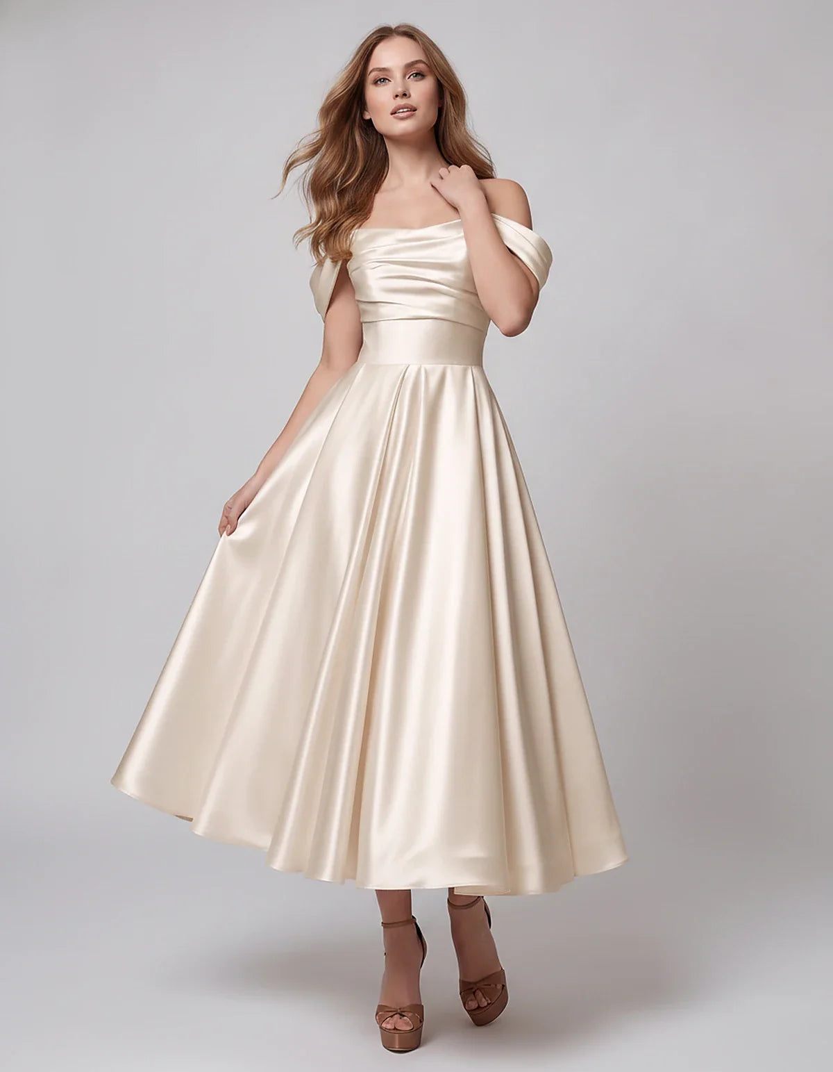 Satin Off Shoulder A-Line Midi Dress with Short Sleeves for Party, Cocktail, Evening, Wedding Guest, Summer Events and Formal | SKU: VM-582947163829405-BEIGE-L,VM-582947163829405-BEIGE-M,VM-582947163829405-BEIGE-S,VM-582947163829405-BEIGE-XL,VM-582947163829405-BEIGE-XS
