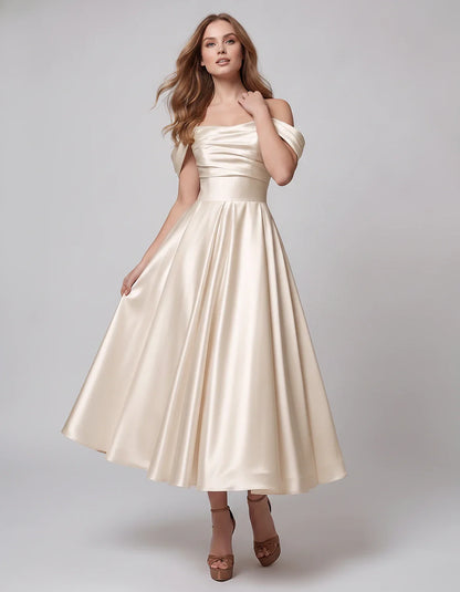 Satin Off Shoulder A-Line Midi Dress with Short Sleeves for Party, Cocktail, Evening, Wedding Guest, Summer Events and Formal | SKU: VM-582947163829405-BEIGE-L,VM-582947163829405-BEIGE-M,VM-582947163829405-BEIGE-S,VM-582947163829405-BEIGE-XL,VM-582947163829405-BEIGE-XS
