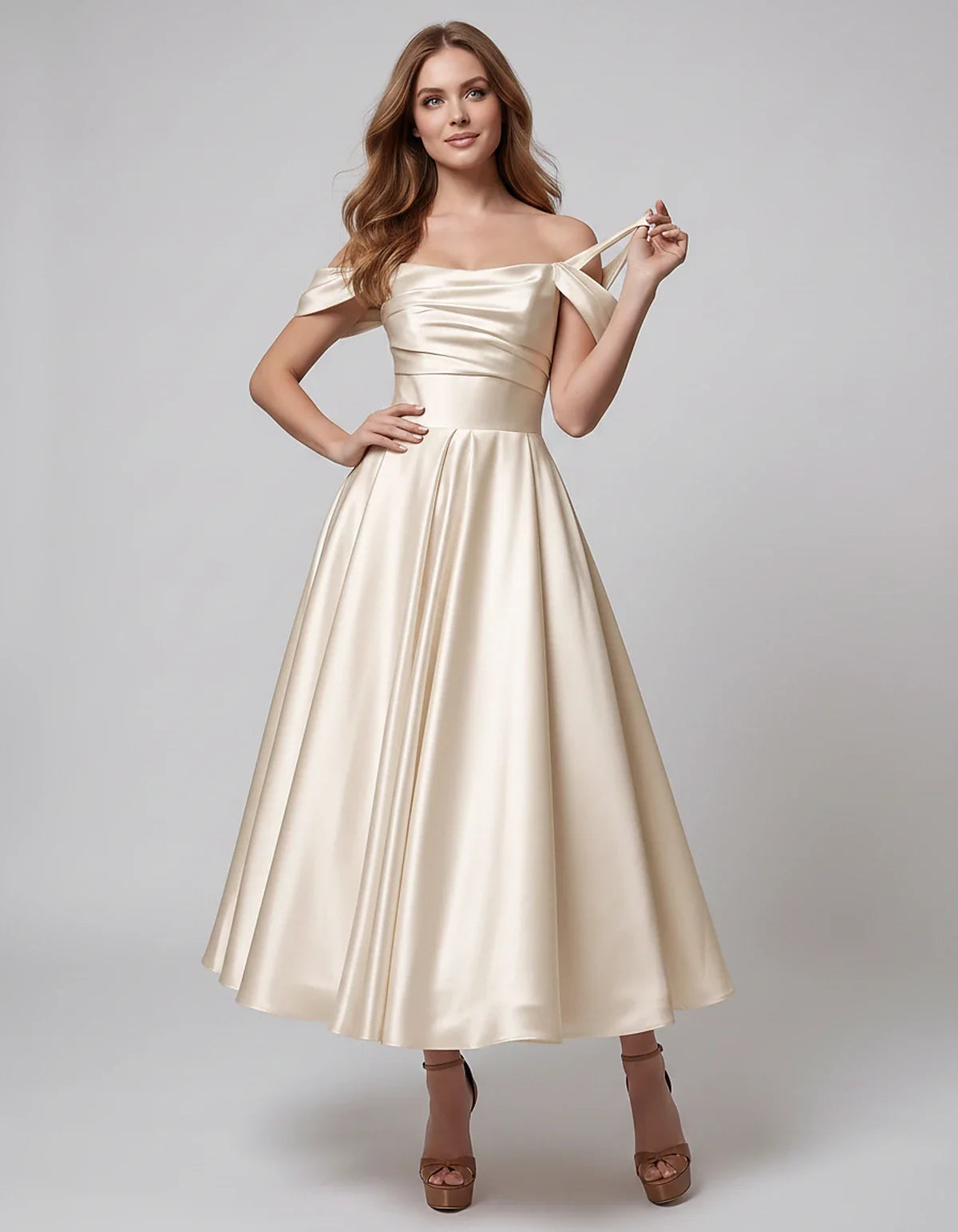 Satin Off Shoulder A-Line Midi Dress with Short Sleeves for Party, Cocktail, Evening, Wedding Guest, Summer Events and Formal | SKU: VM-582947163829405-BEIGE-L,VM-582947163829405-BEIGE-M,VM-582947163829405-BEIGE-S,VM-582947163829405-BEIGE-XL,VM-582947163829405-BEIGE-XS