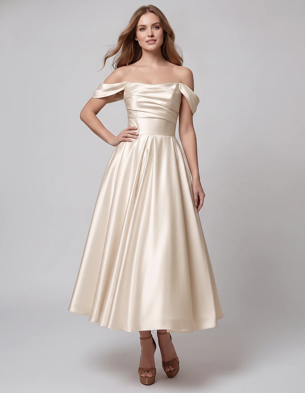 Satin Off Shoulder A-Line Midi Dress with Short Sleeves for Party, Cocktail, Evening, Wedding Guest, Summer Events and Formal | SKU: VM-582947163829405-BEIGE-L,VM-582947163829405-BEIGE-M,VM-582947163829405-BEIGE-S,VM-582947163829405-BEIGE-XL,VM-582947163829405-BEIGE-XS