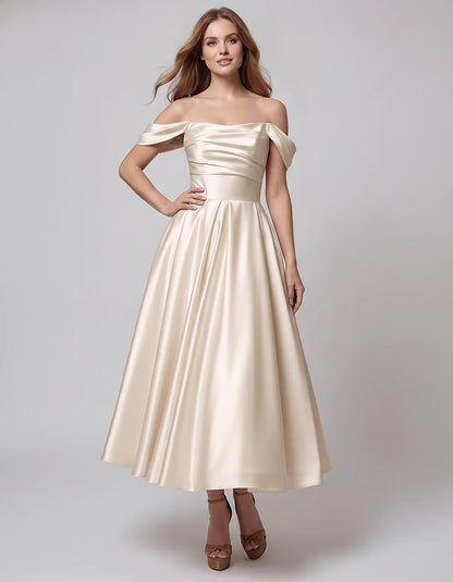 Satin Off Shoulder A-Line Midi Dress with Short Sleeves for Party, Cocktail, Evening, Wedding Guest, Summer Events and Formal | SKU: VM-582947163829405-BEIGE-L,VM-582947163829405-BEIGE-M,VM-582947163829405-BEIGE-S,VM-582947163829405-BEIGE-XL,VM-582947163829405-BEIGE-XS